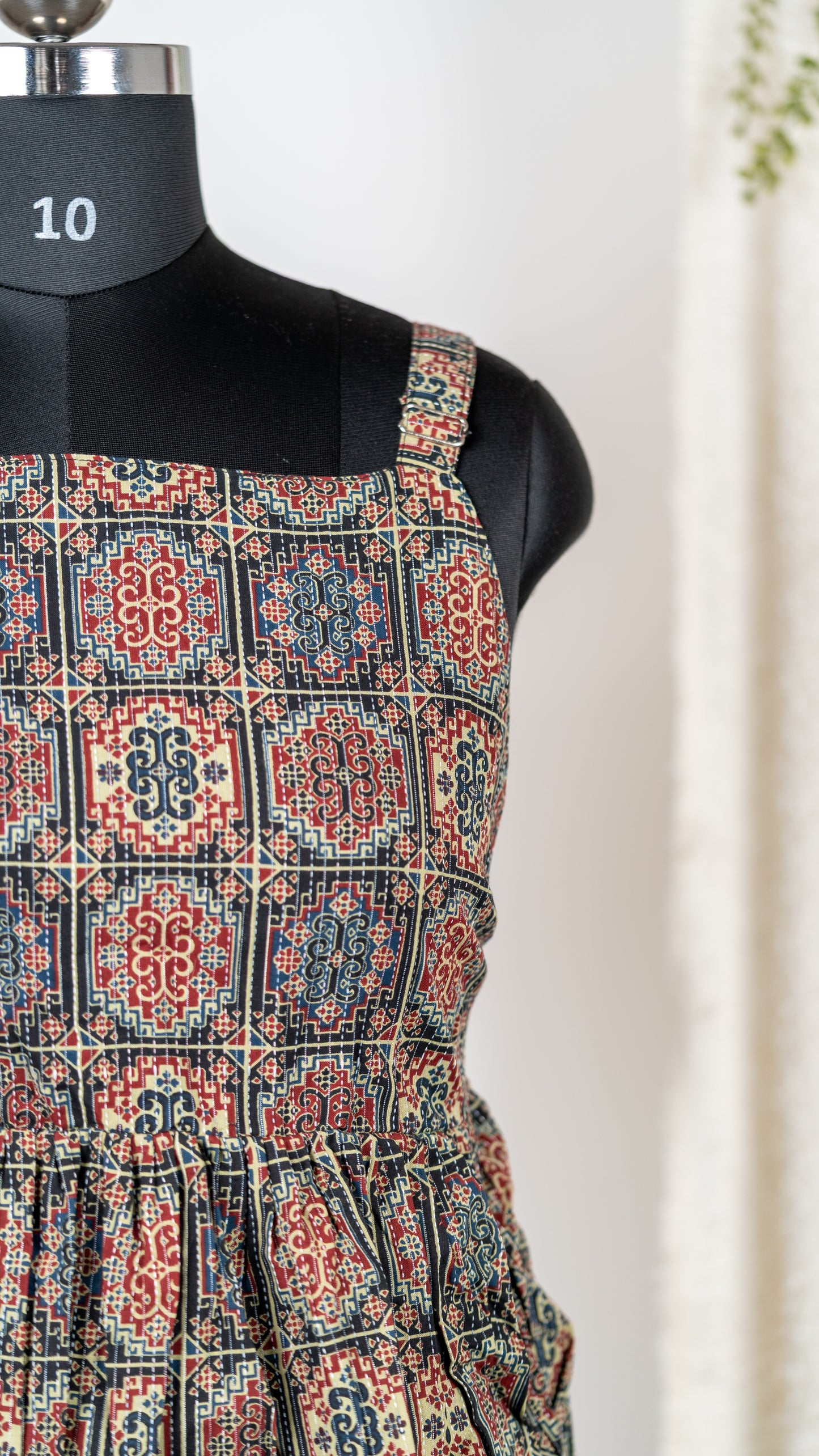 Black Boho Print Cotton Tie-Back Dress