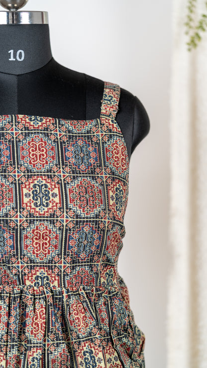 Black Boho Print Cotton Tie-Back Dress