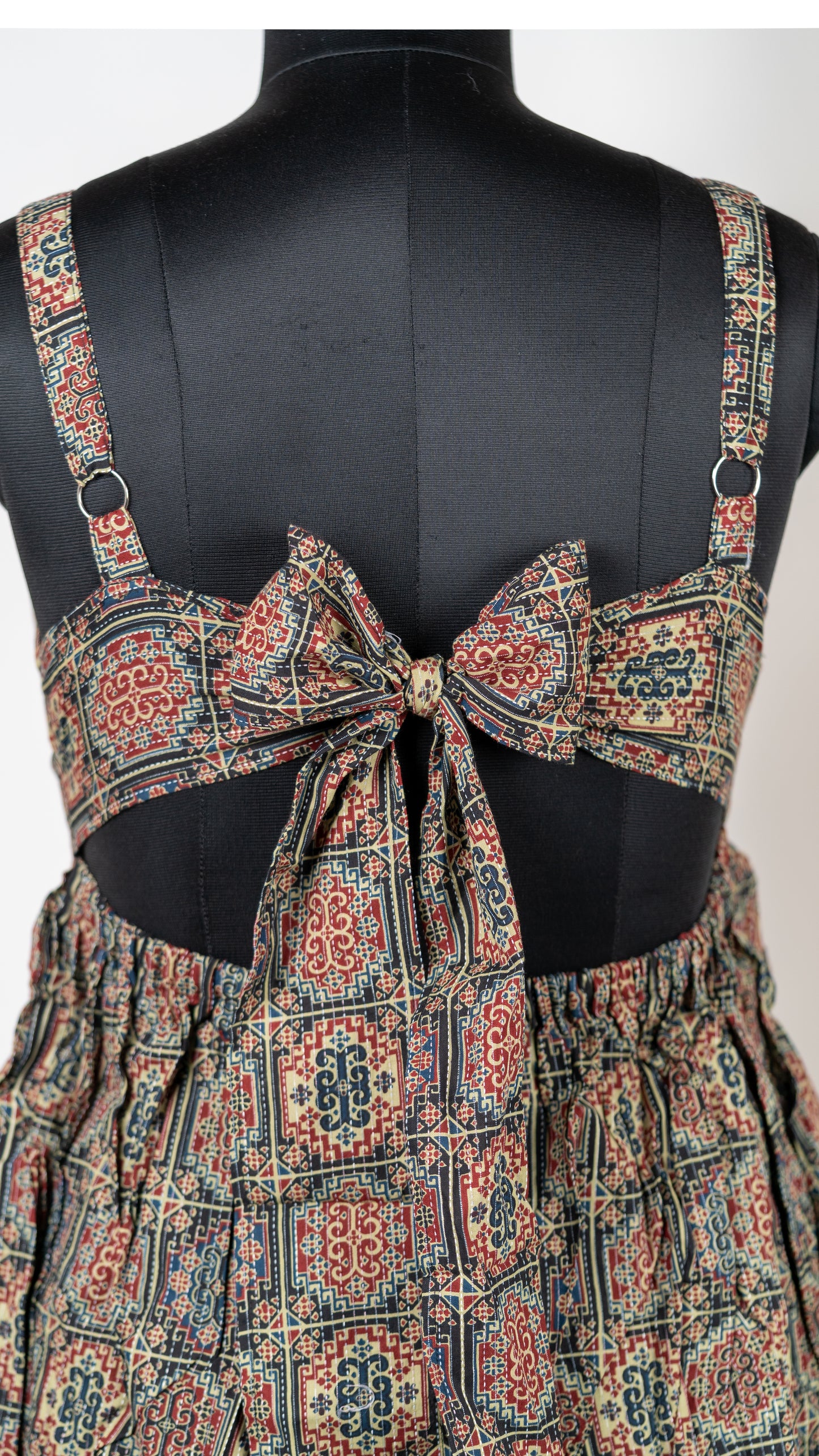 Black Boho Print Cotton Tie-Back Dress