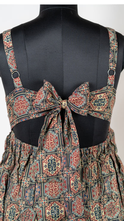Black Boho Print Cotton Tie-Back Dress