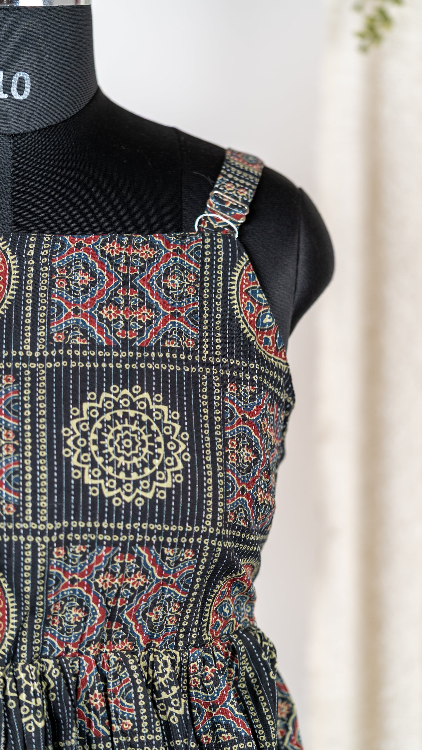 Black Ajrakh-Inspired Cotton Tie-Back Dress