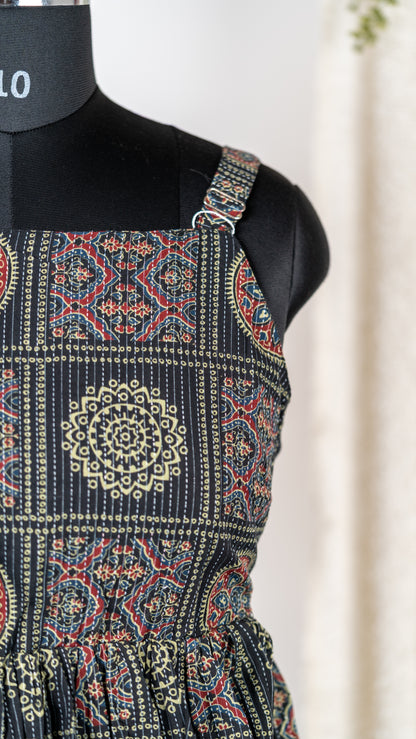 Black Ajrakh-Inspired Cotton Tie-Back Dress