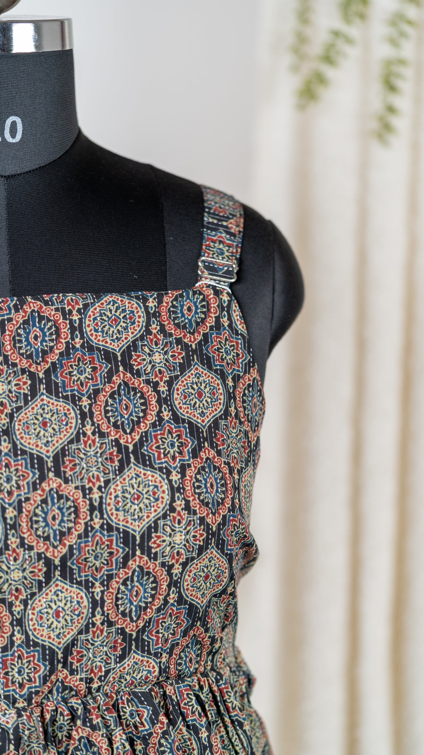 Black Medallion Print Cotton Tie-Back Dress