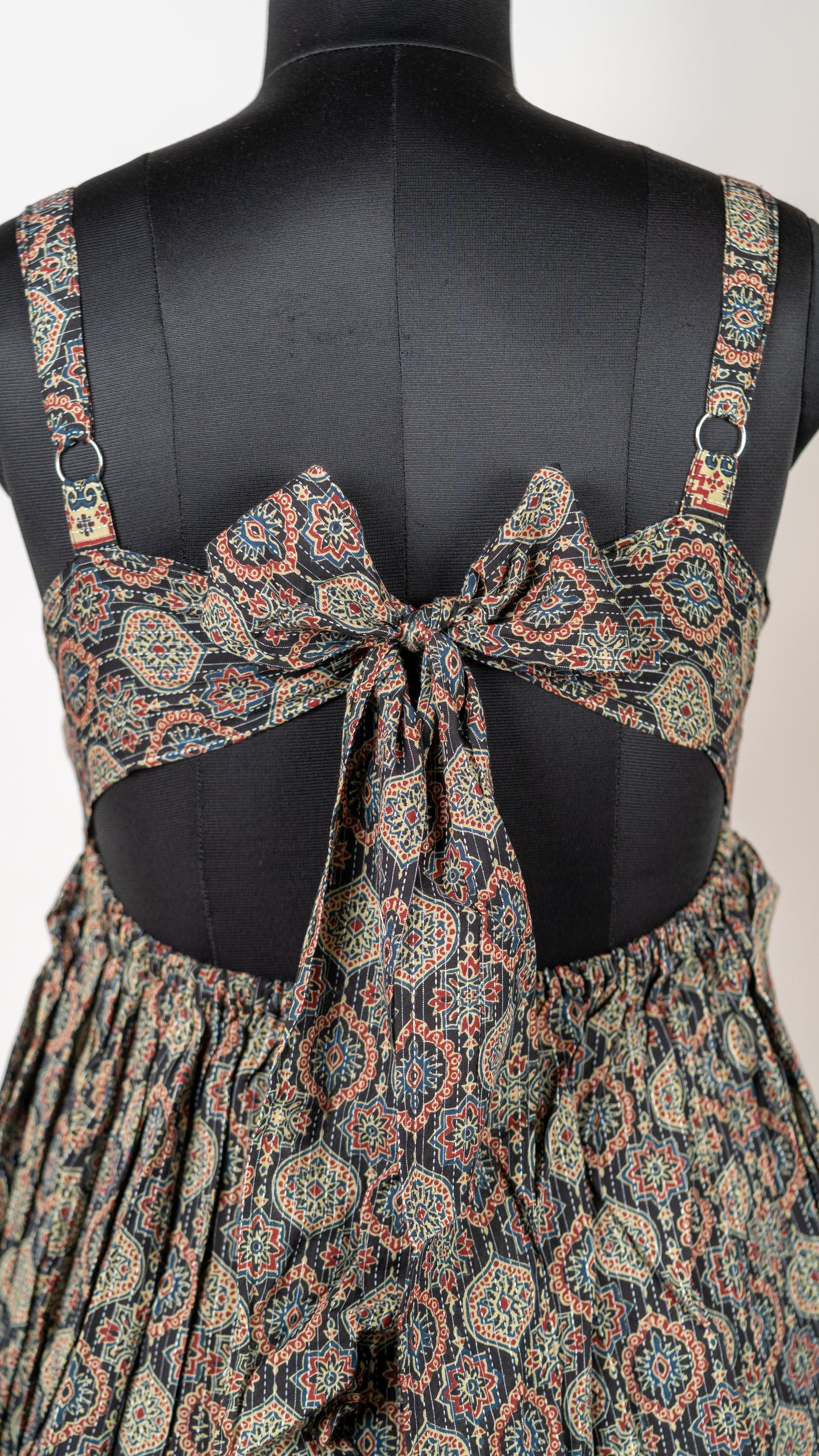 Black Medallion Print Cotton Tie-Back Dress