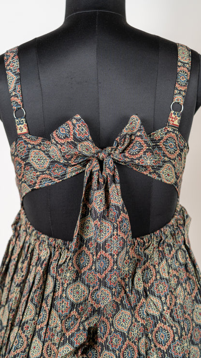 Black Medallion Print Cotton Tie-Back Dress