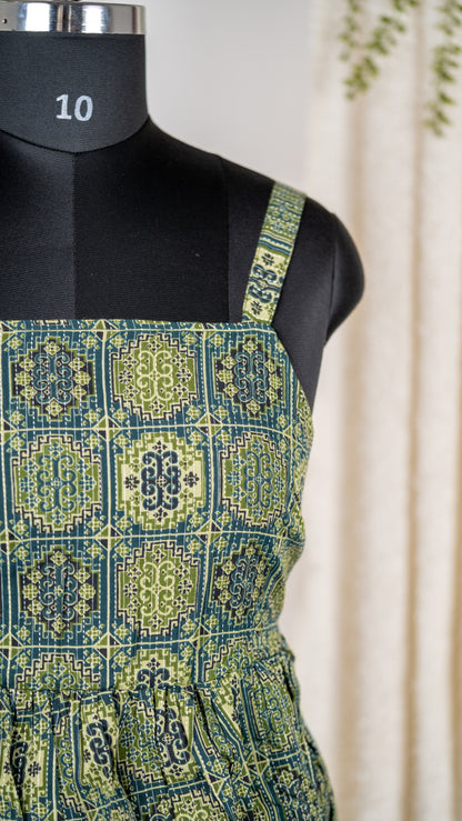 Green Boho Print Cotton Tie-Back Dress