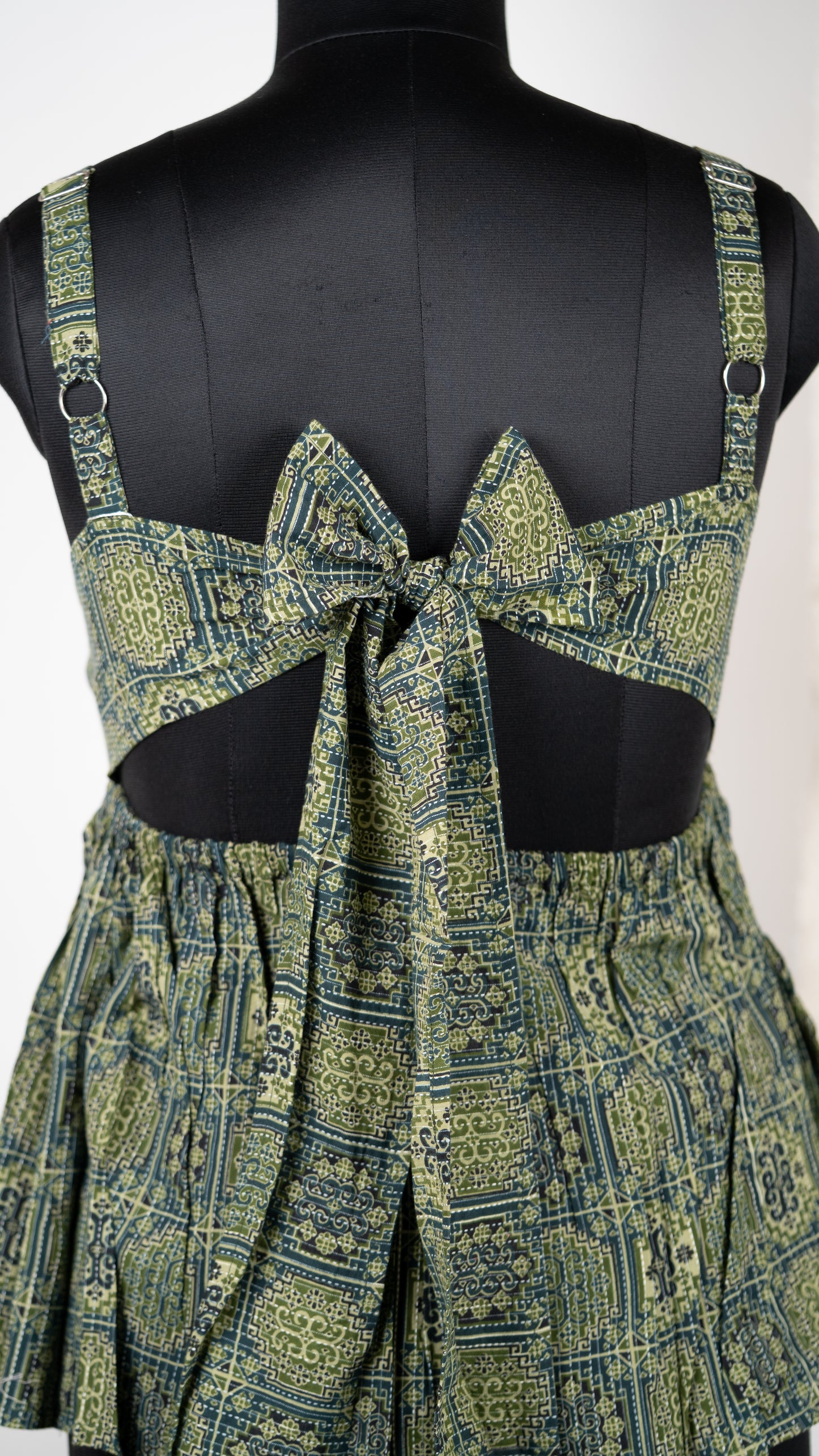 Green Boho Print Cotton Tie-Back Dress