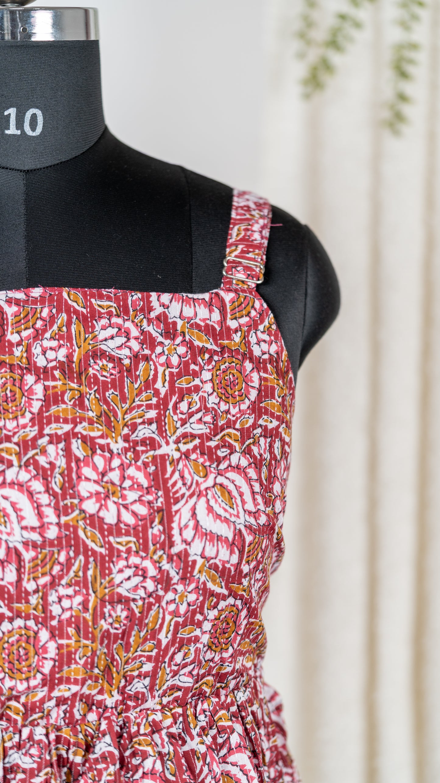 Maroon Floral Block Print Cotton Tie-Back Dress