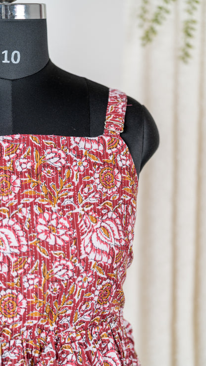 Maroon Floral Block Print Cotton Tie-Back Dress