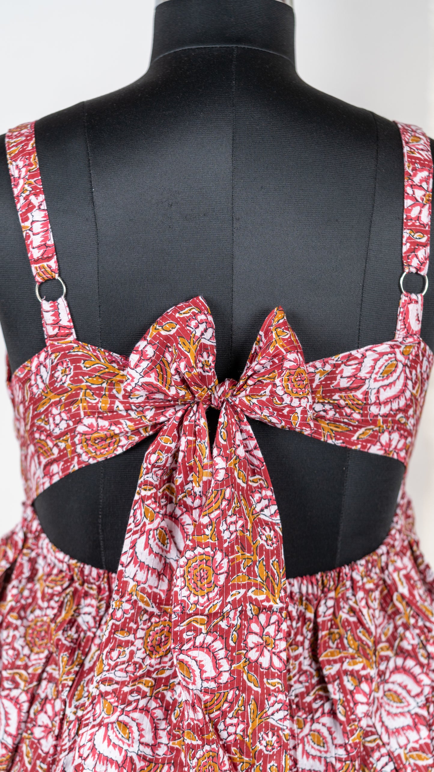 Maroon Floral Block Print Cotton Tie-Back Dress