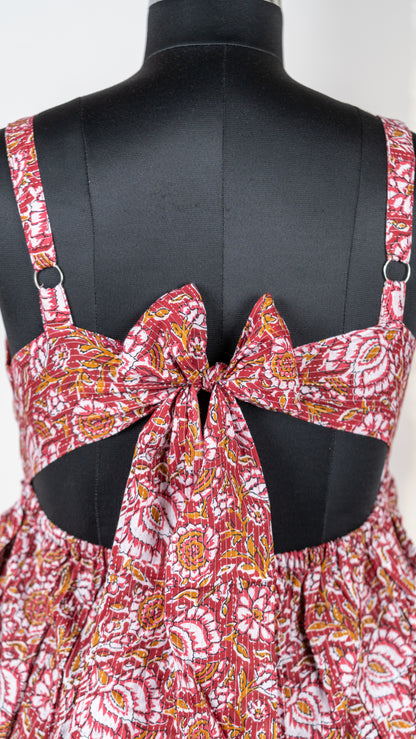 Maroon Floral Block Print Cotton Tie-Back Dress