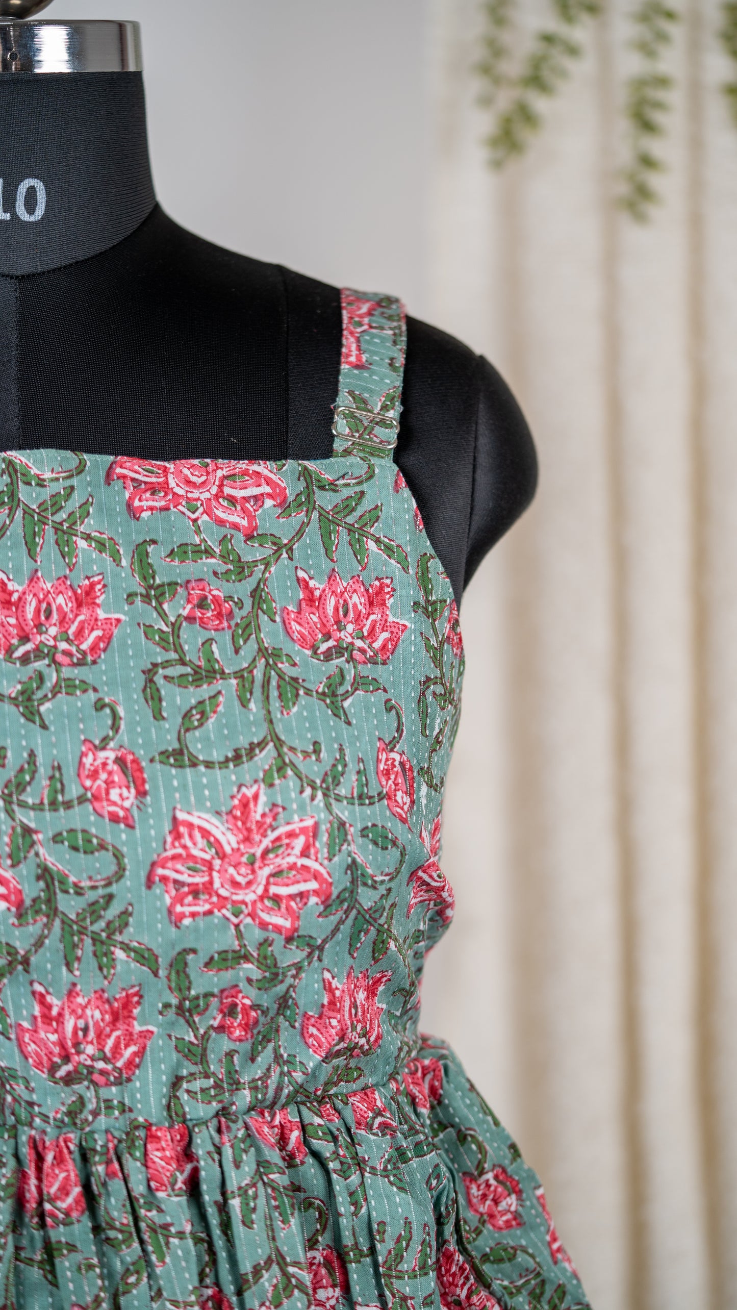 Green Floral Print Cotton Tie-Back Dress