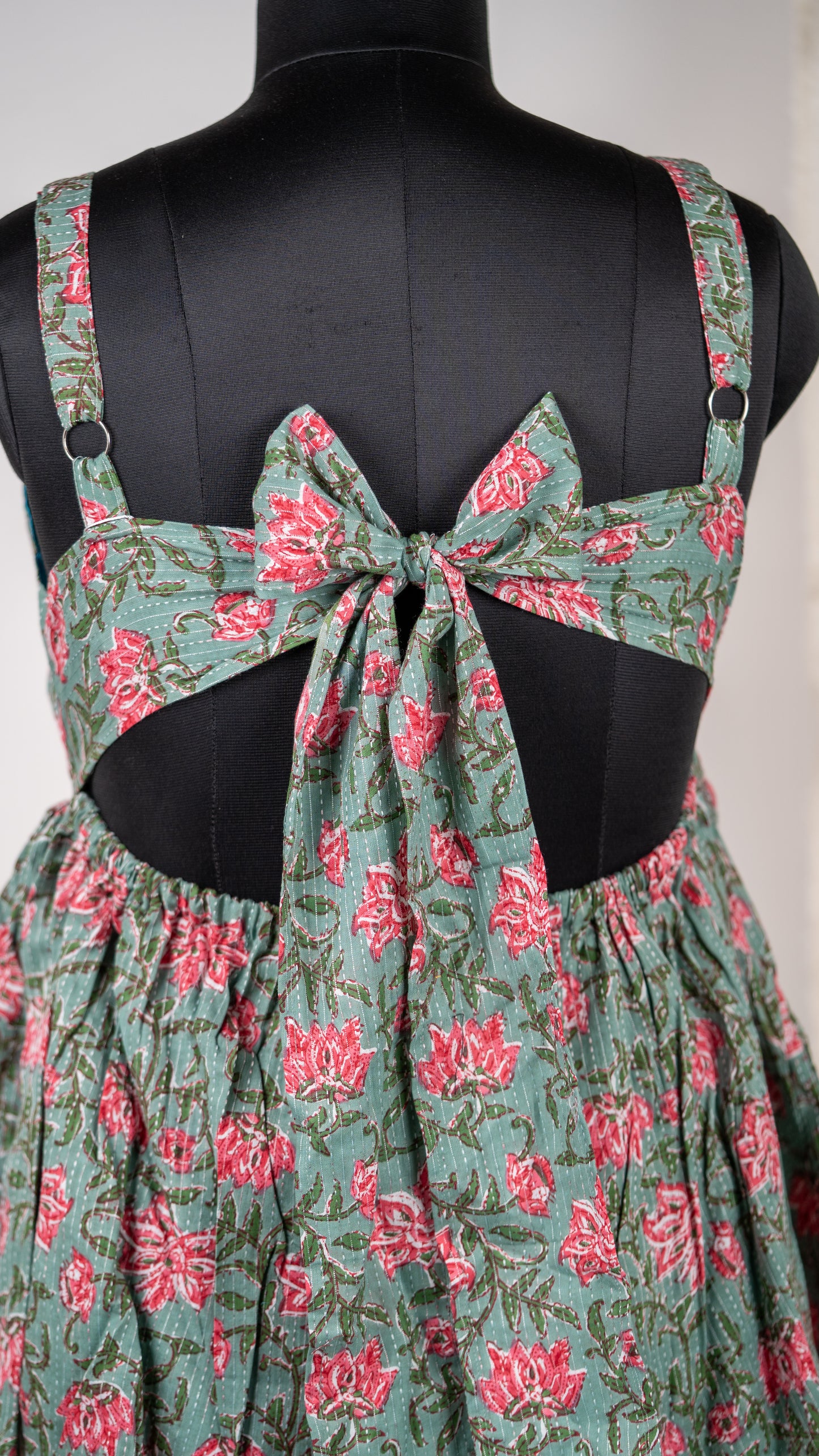 Green Floral Print Cotton Tie-Back Dress