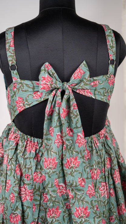 Green Floral Print Cotton Tie-Back Dress