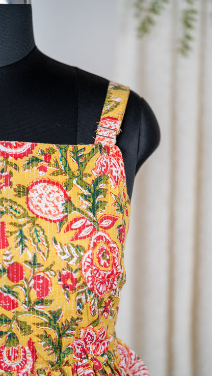Yellow Floral Cotton Tie-Back Short Dress