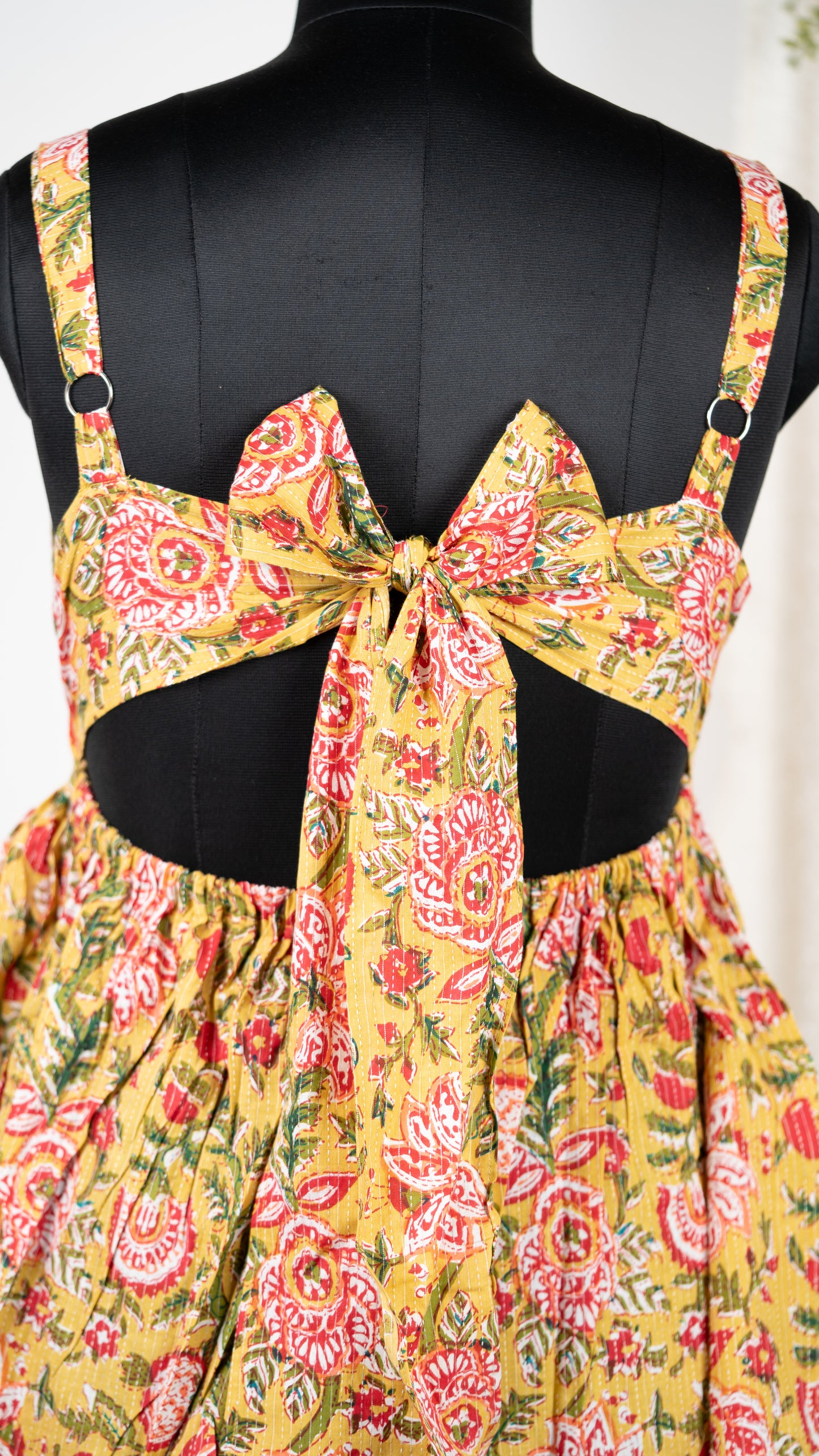 Yellow Floral Cotton Tie-Back Short Dress