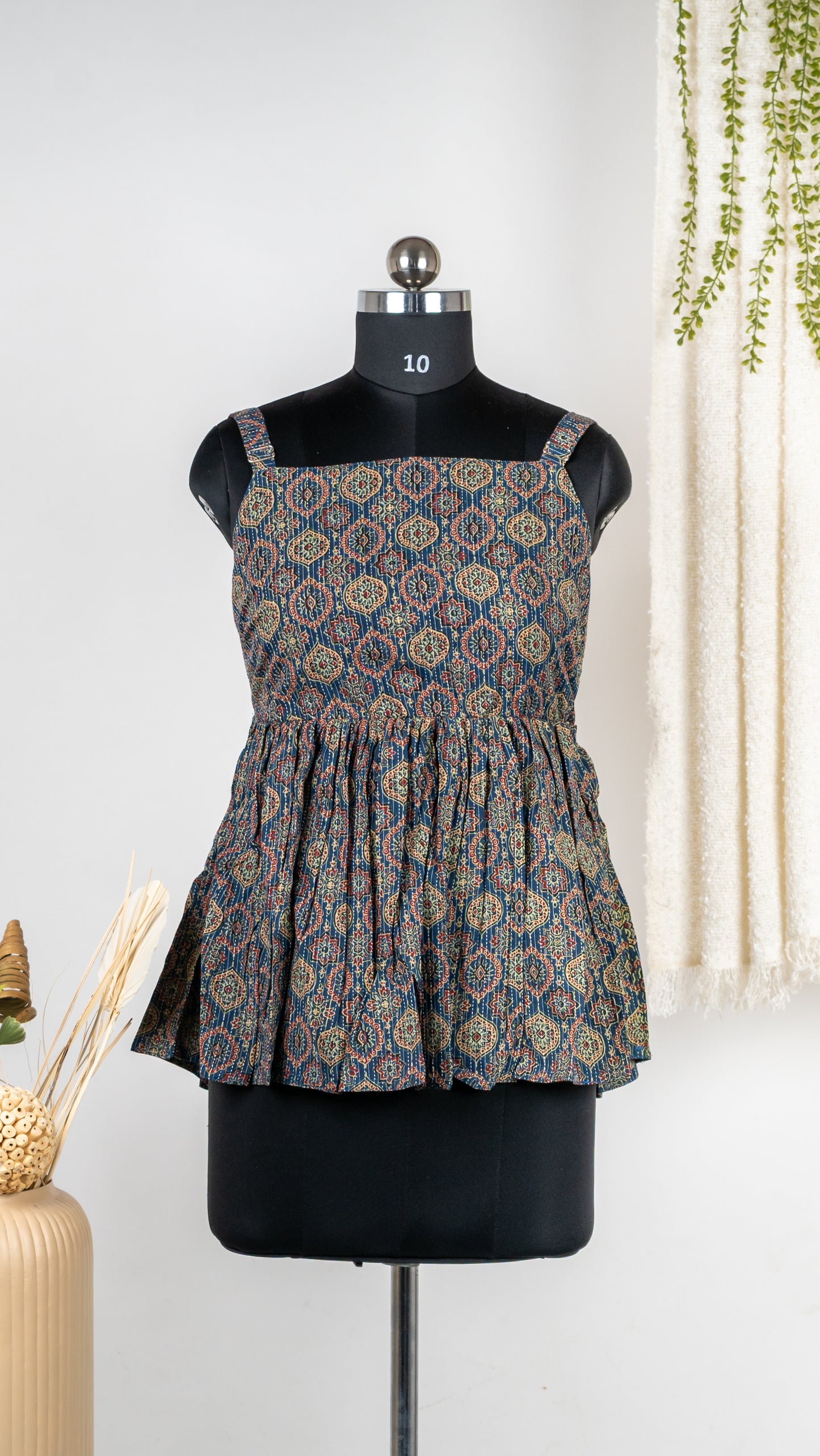 Indigo Medallion Print Cotton Tie-Back Dress