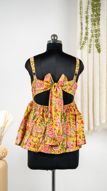 Yellow Floral Cotton Tie-Back Short Dress