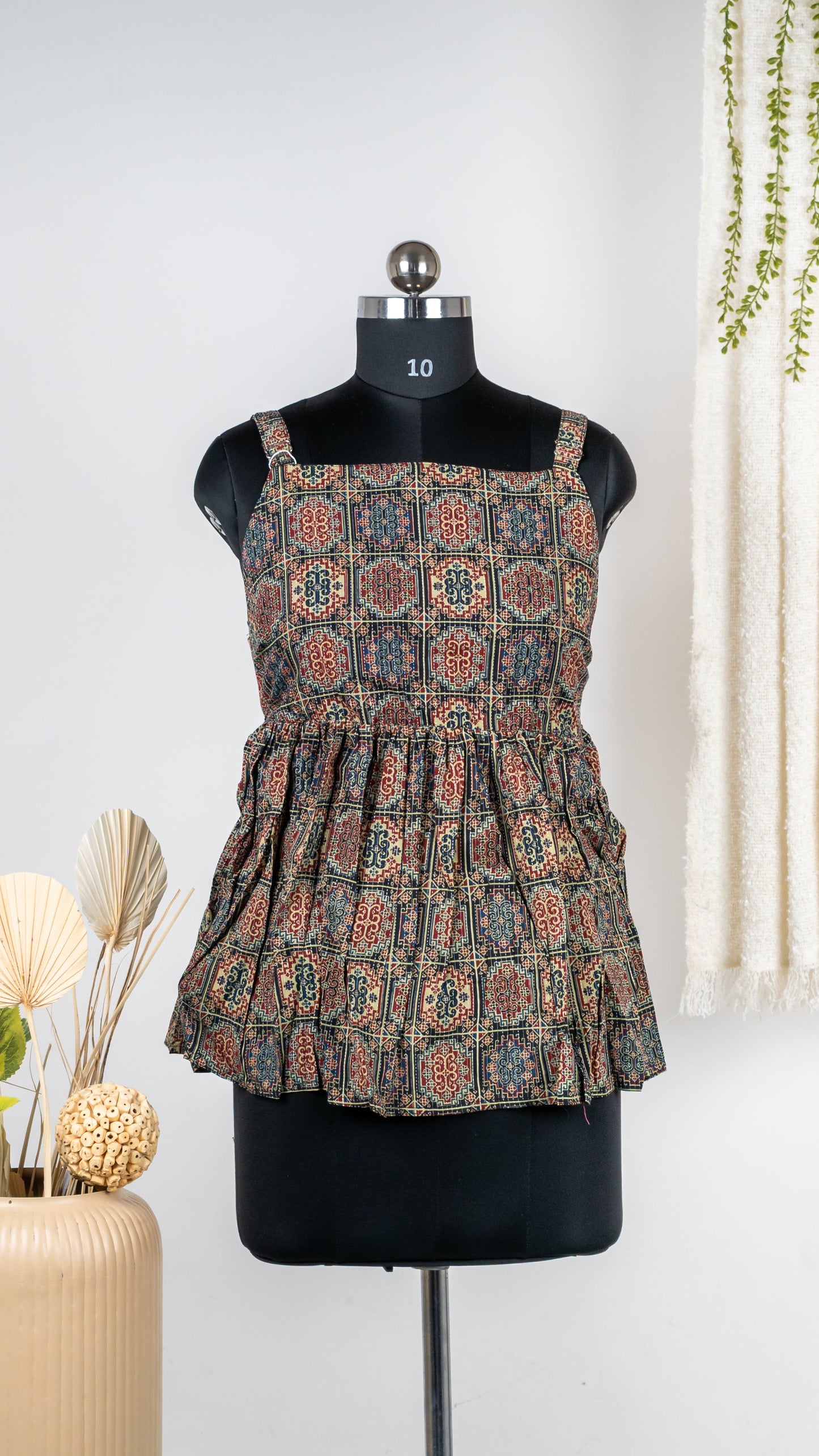 Black Boho Print Cotton Tie-Back Dress
