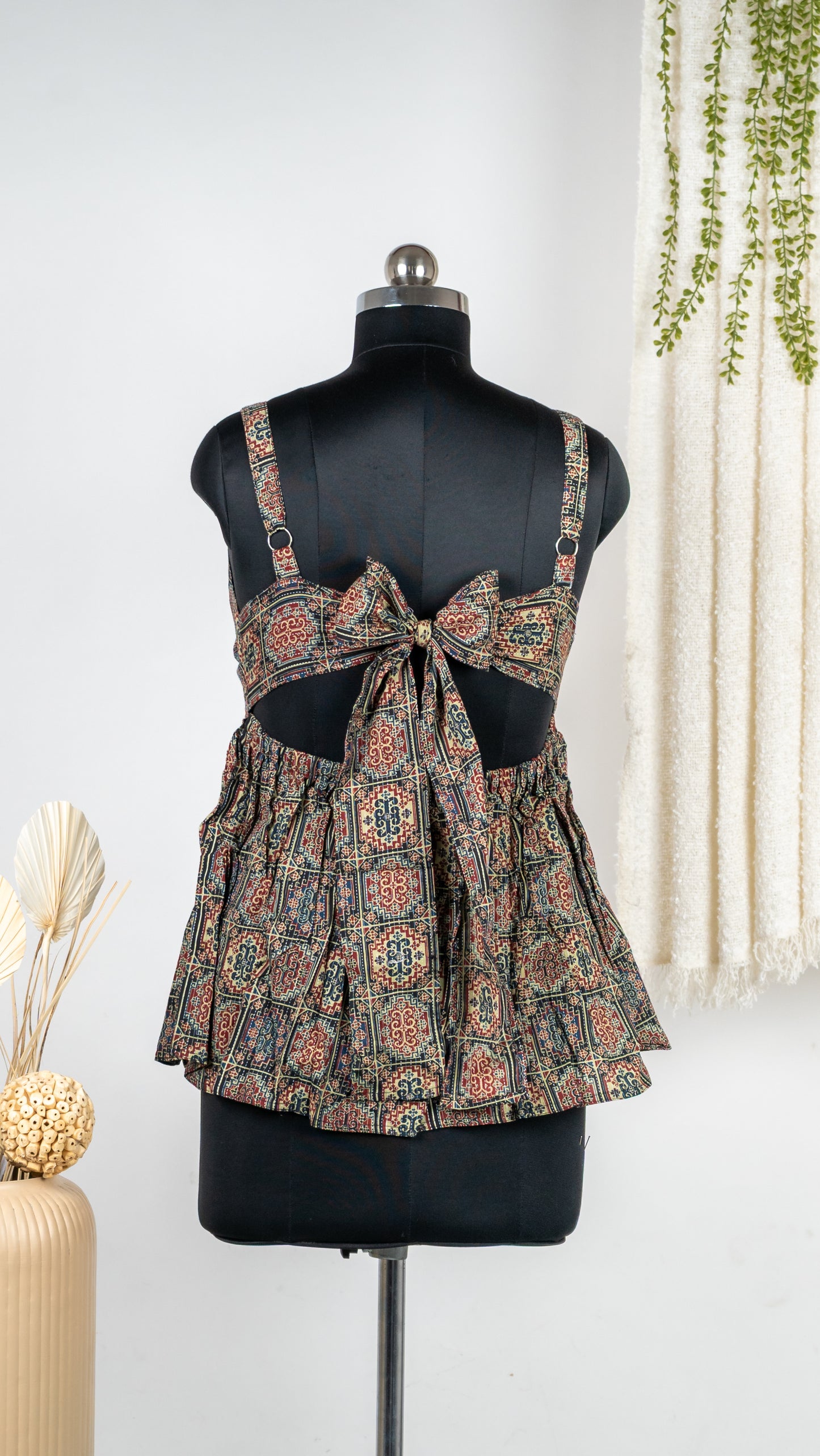 Black Boho Print Cotton Tie-Back Dress