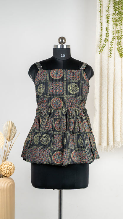 Black Ajrakh-Inspired Cotton Tie-Back Dress