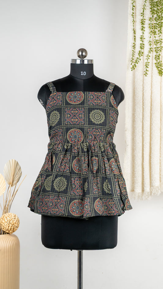 Black Ajrakh-Inspired Cotton Tie-Back Dress