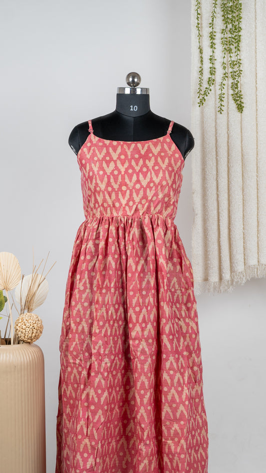 Red Ikat Print Dupion Sleeveless Dress