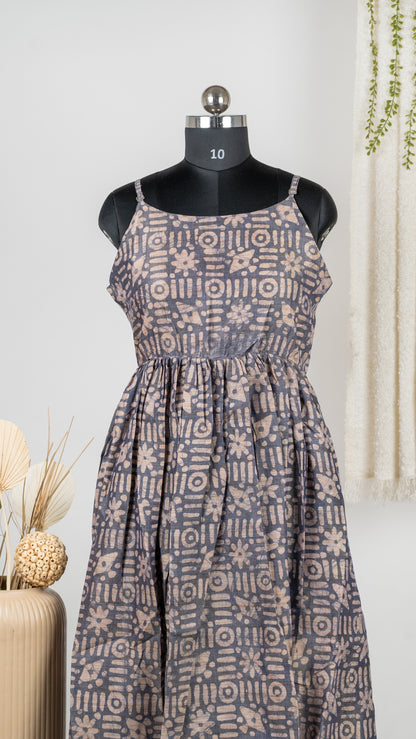 Grey Abstract Print Dupion Sleeveless Dress