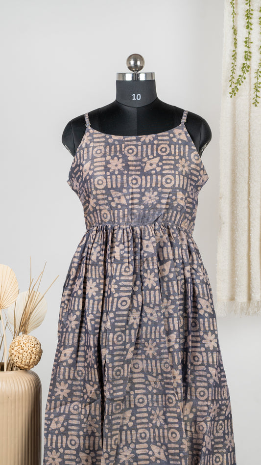 Grey Abstract Print Dupion Sleeveless Dress