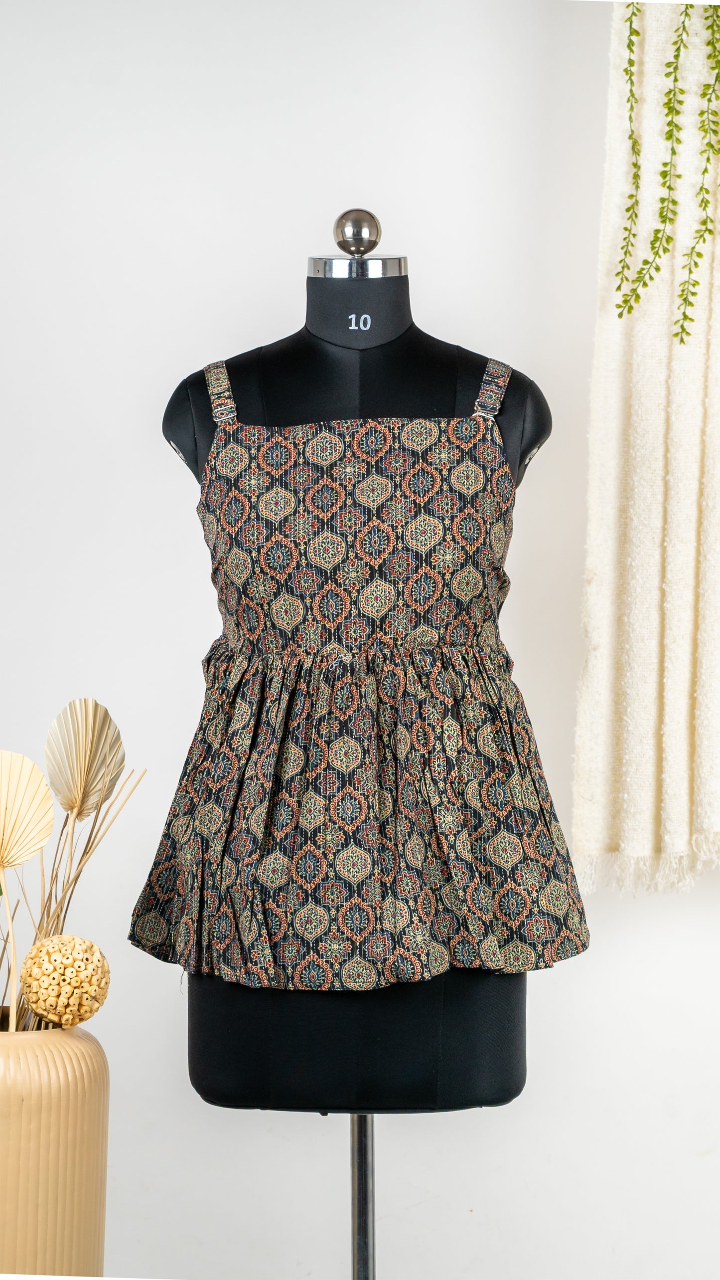 Black Medallion Print Cotton Tie-Back Dress