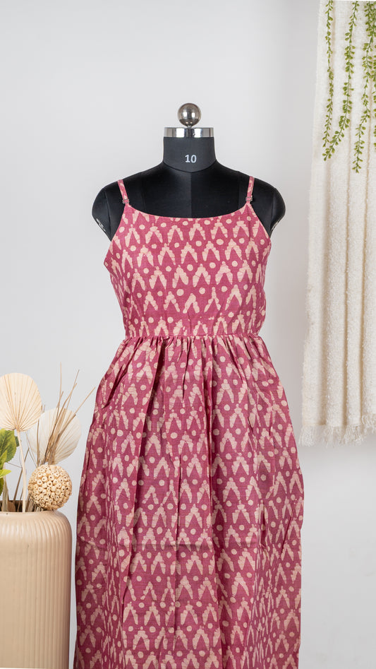 Ripe Cherry Ikat Print Dupion Sleeveless Dress