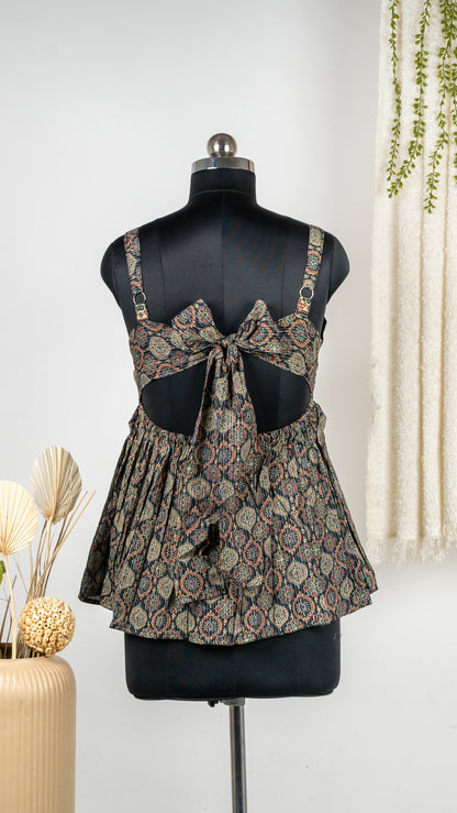 Black Medallion Print Cotton Tie-Back Dress