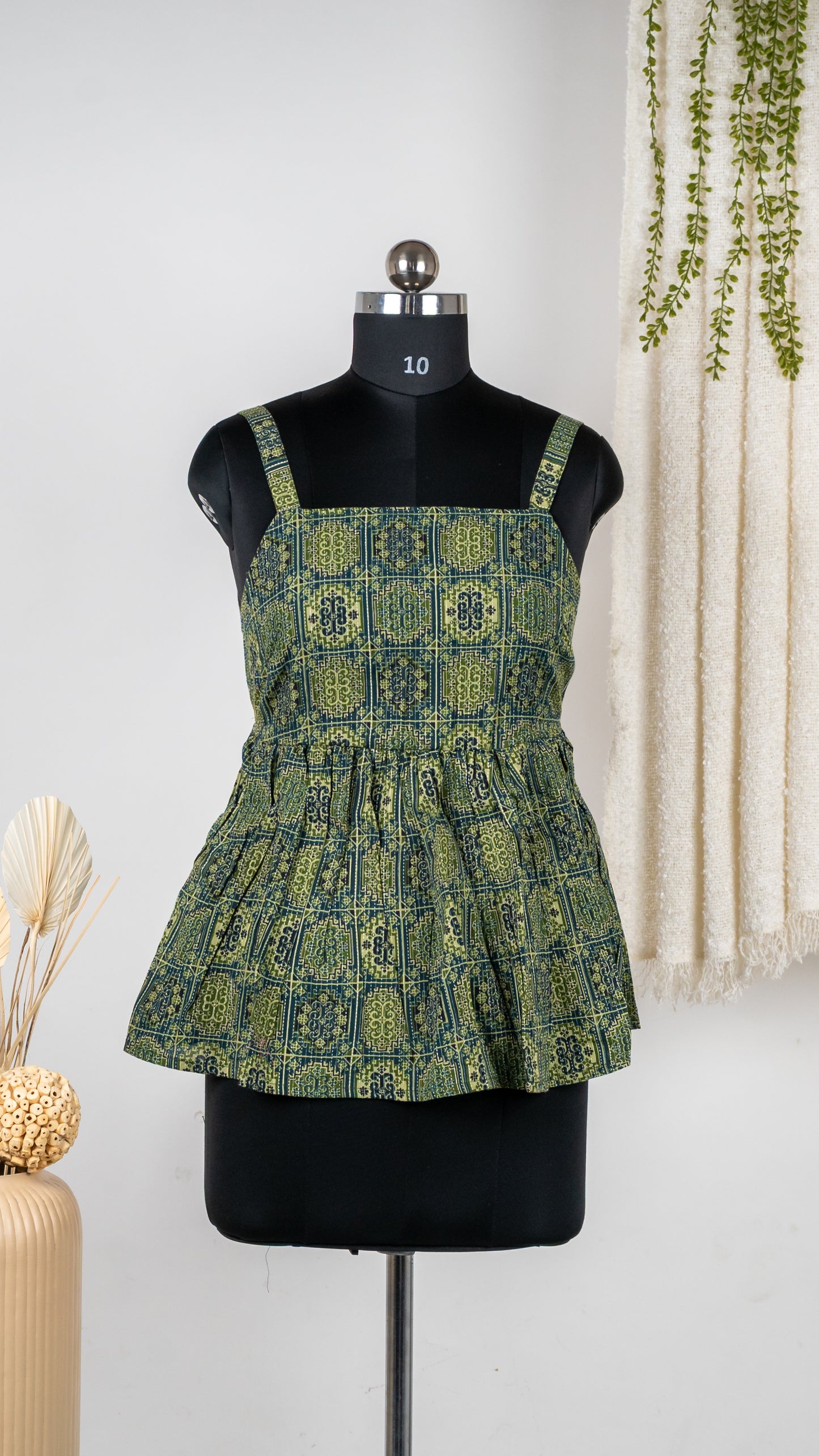 Green Boho Print Cotton Tie-Back Dress