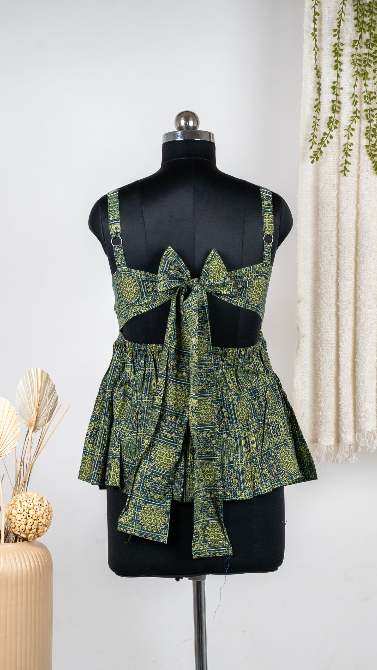 Green Boho Print Cotton Tie-Back Dress