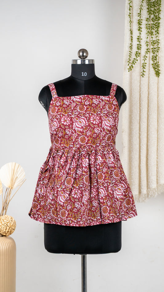 Maroon Floral Block Print Cotton Tie-Back Dress