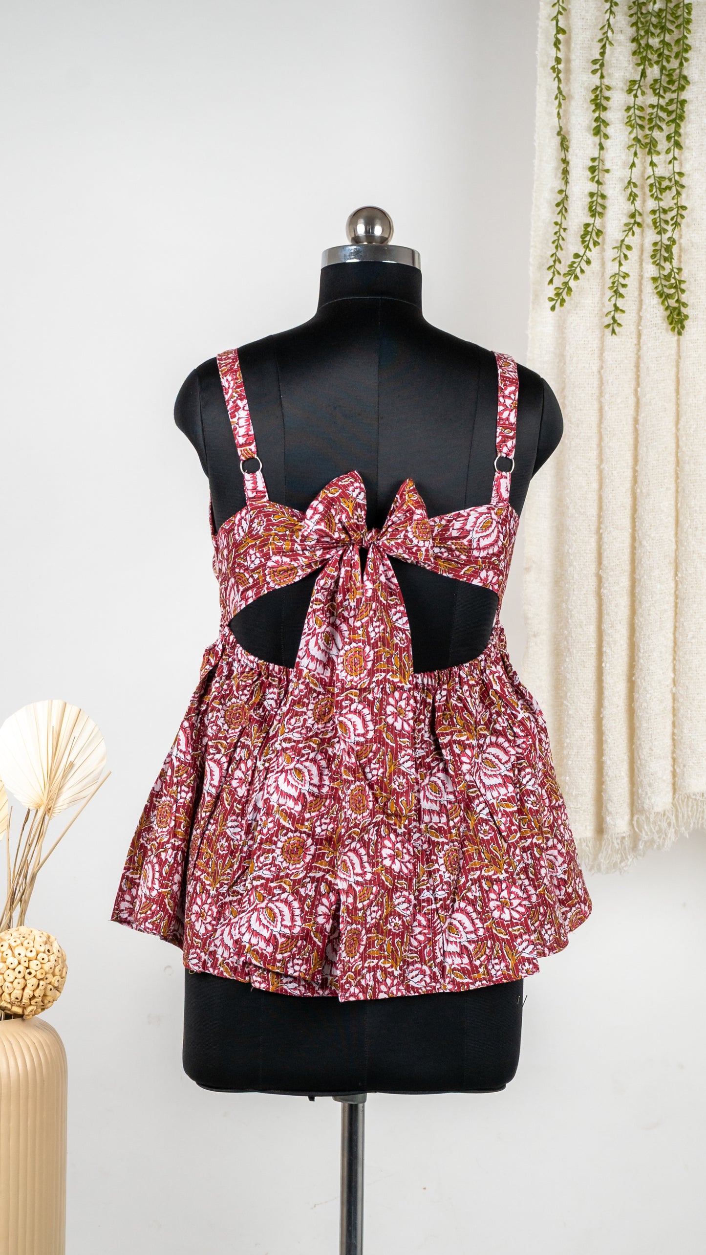 Maroon Floral Block Print Cotton Tie-Back Dress