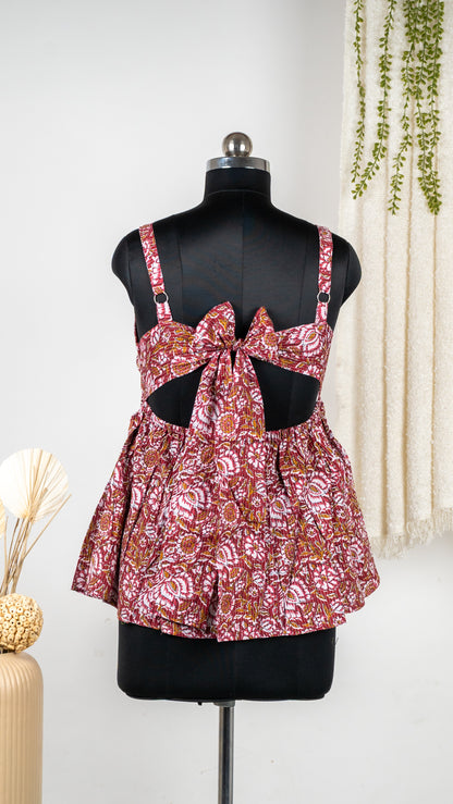 Maroon Floral Block Print Cotton Tie-Back Dress