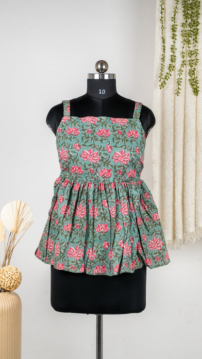Green Floral Print Cotton Tie-Back Dress