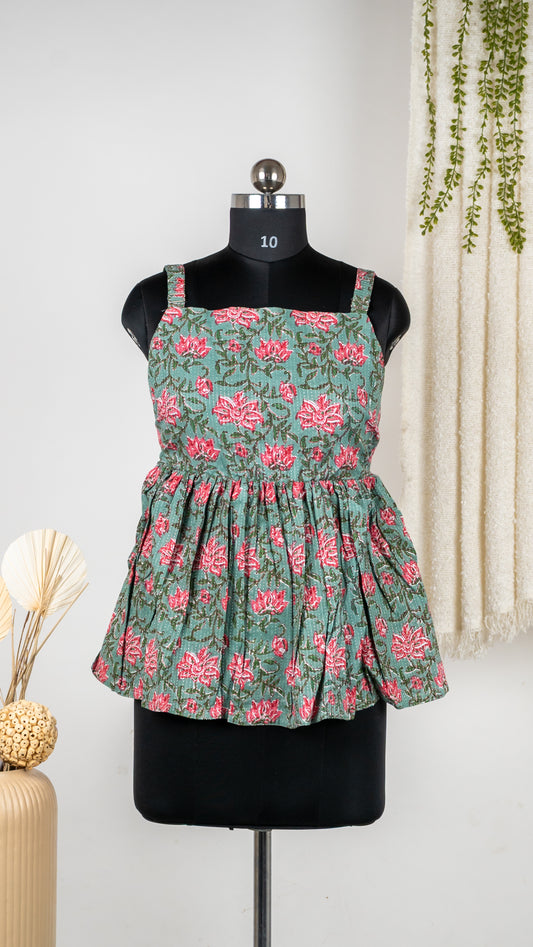 Green Floral Print Cotton Tie-Back Dress