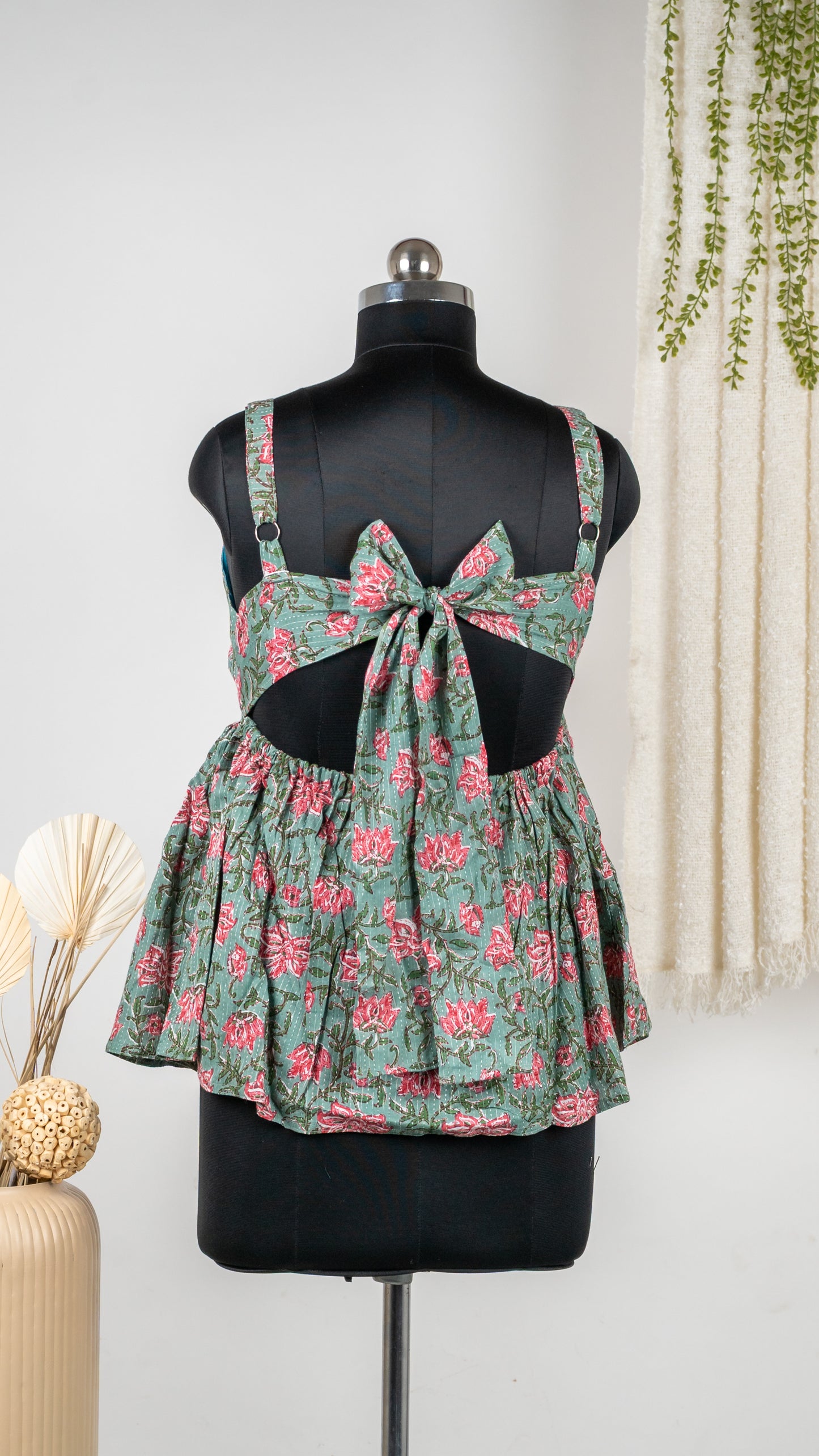 Green Floral Print Cotton Tie-Back Dress