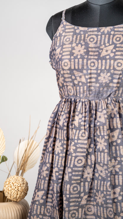 Grey Abstract Print Dupion Sleeveless Dress