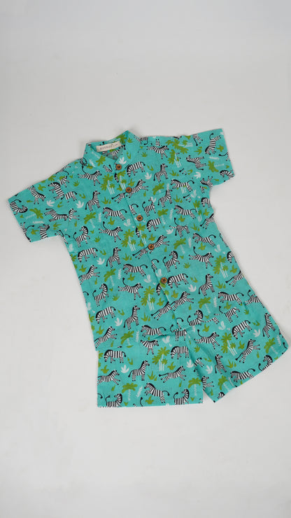 Green Zebra Print Cotton shirt and shorts set
