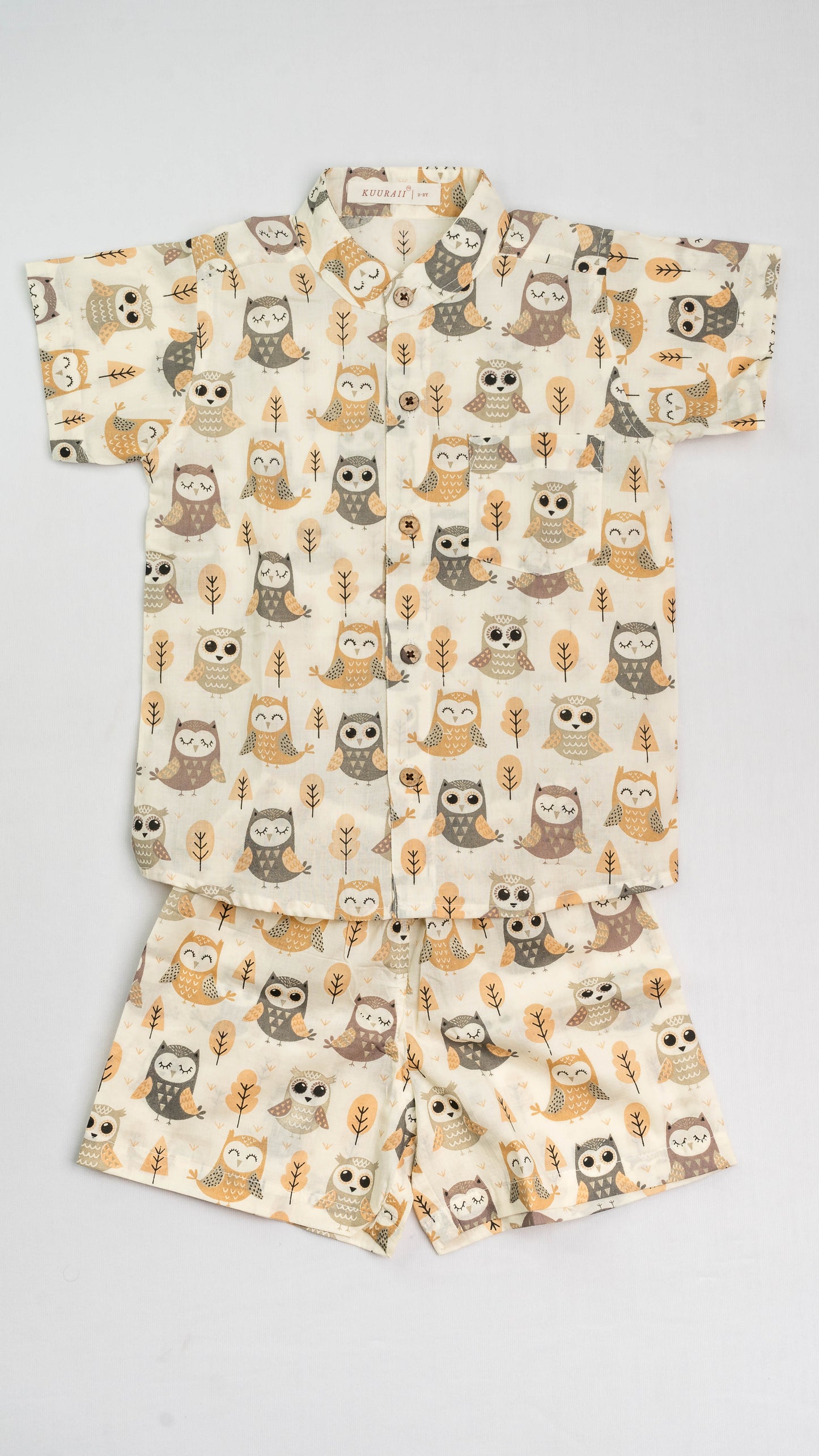 Beige Owl Print Cotton shirt and shorts set