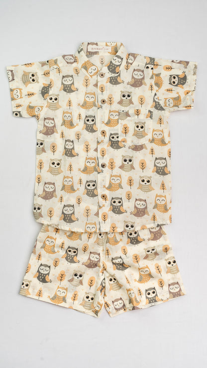 Beige Owl Print Cotton shirt and shorts set