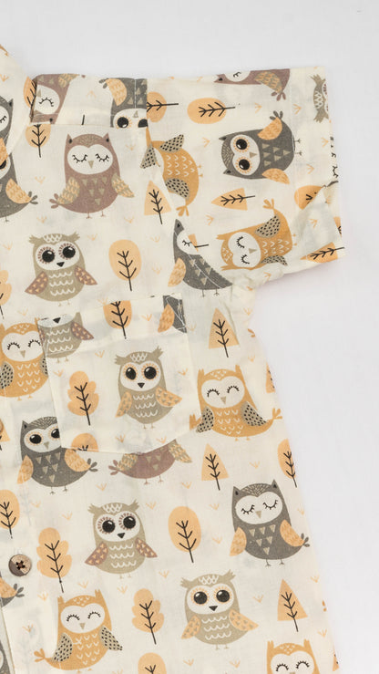 Beige Owl Print Cotton shirt and shorts set