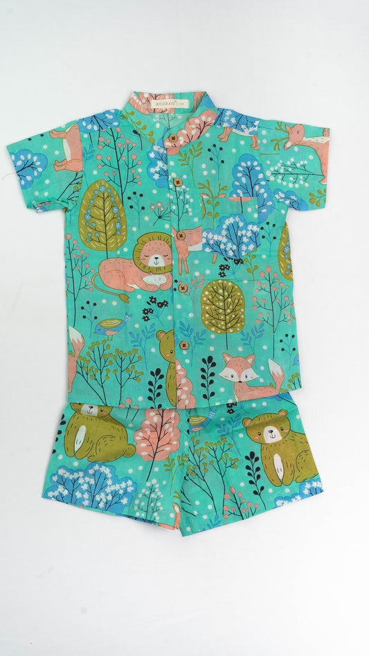 Green Lion Print Cotton shirt and shorts set