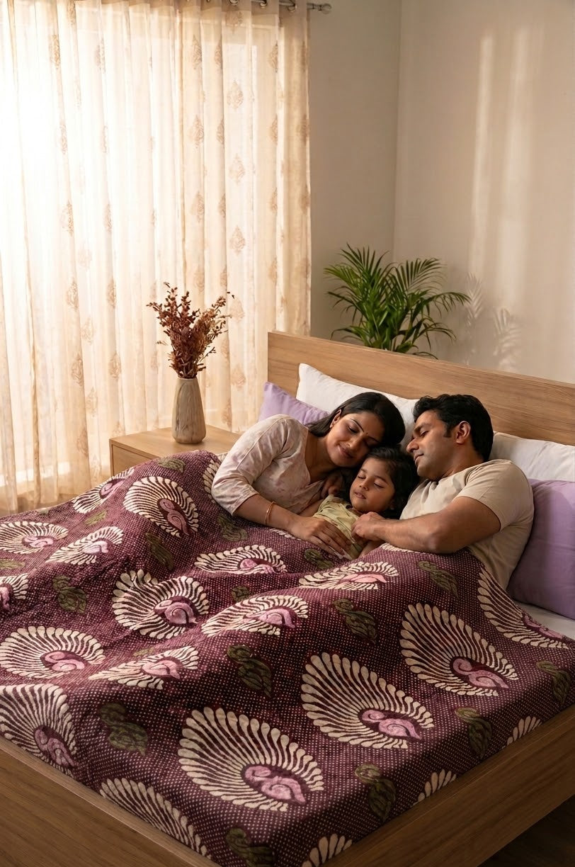 Family of three lying on a bed with a Jacquard Double Cot Bedsheet (Maroon feather)