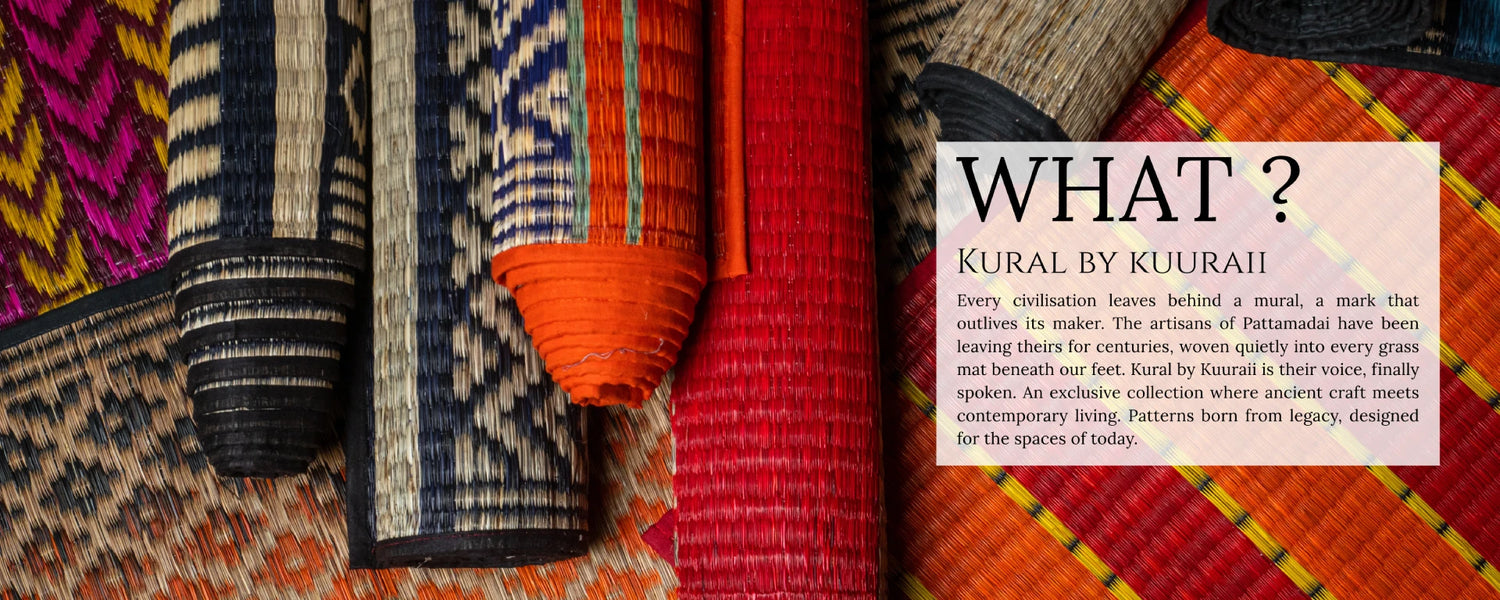 Colorful woven fabrics with a question mark overlay and text box on a textured background