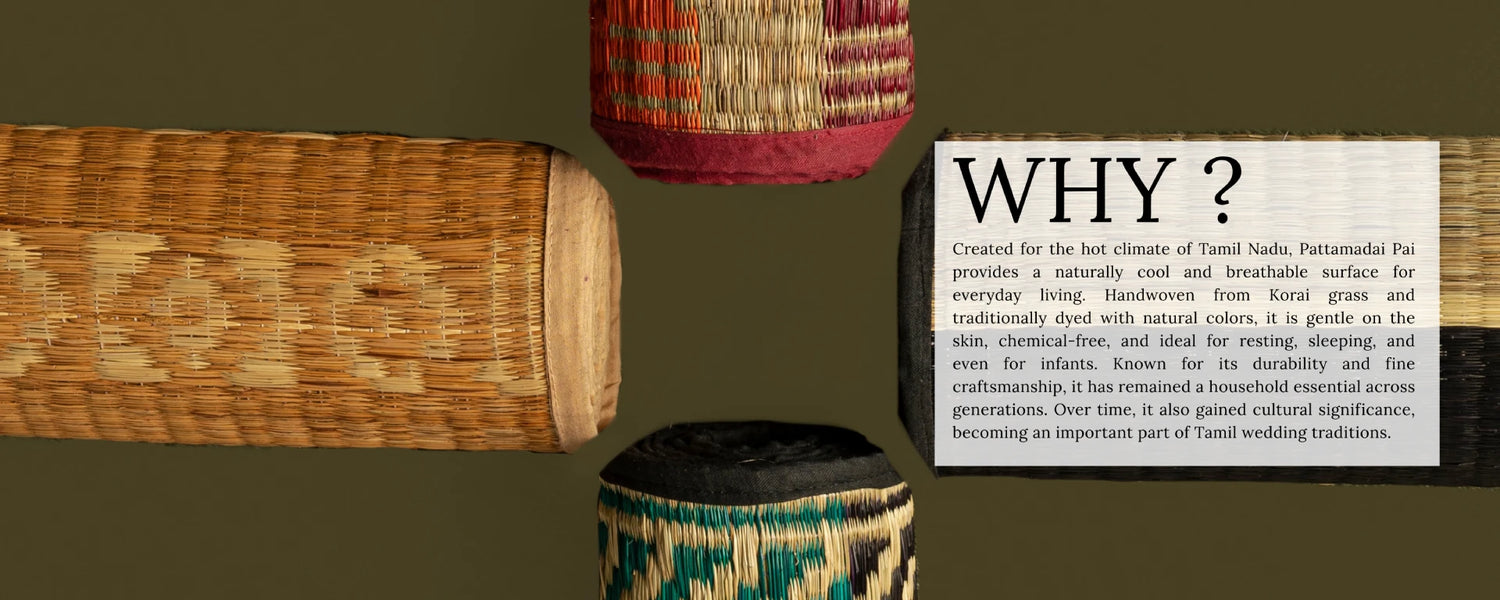 Woven drums with a text box asking 'WHY?' on a brown background