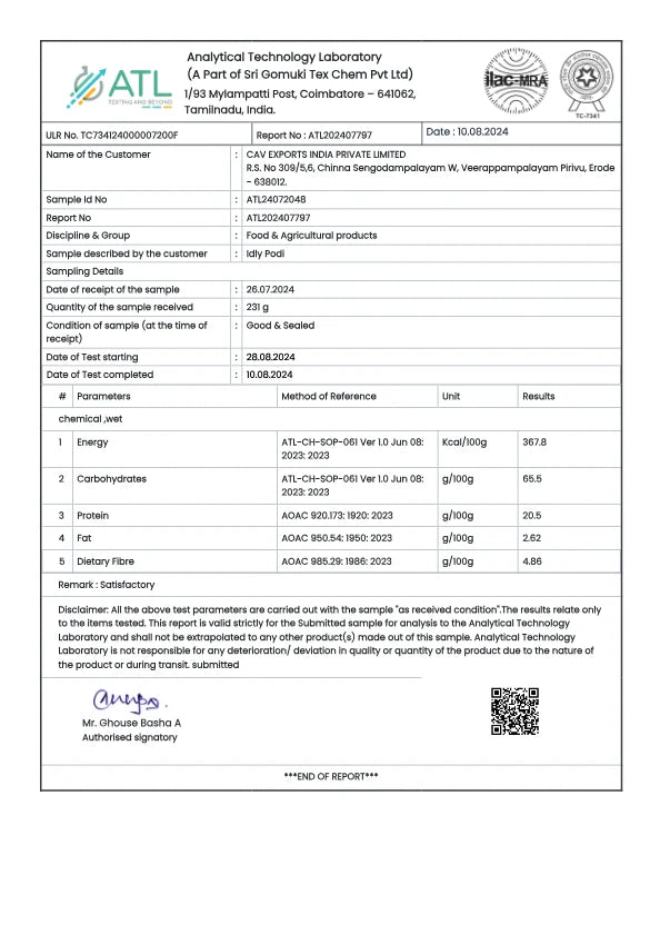 Test report - Idly Podi